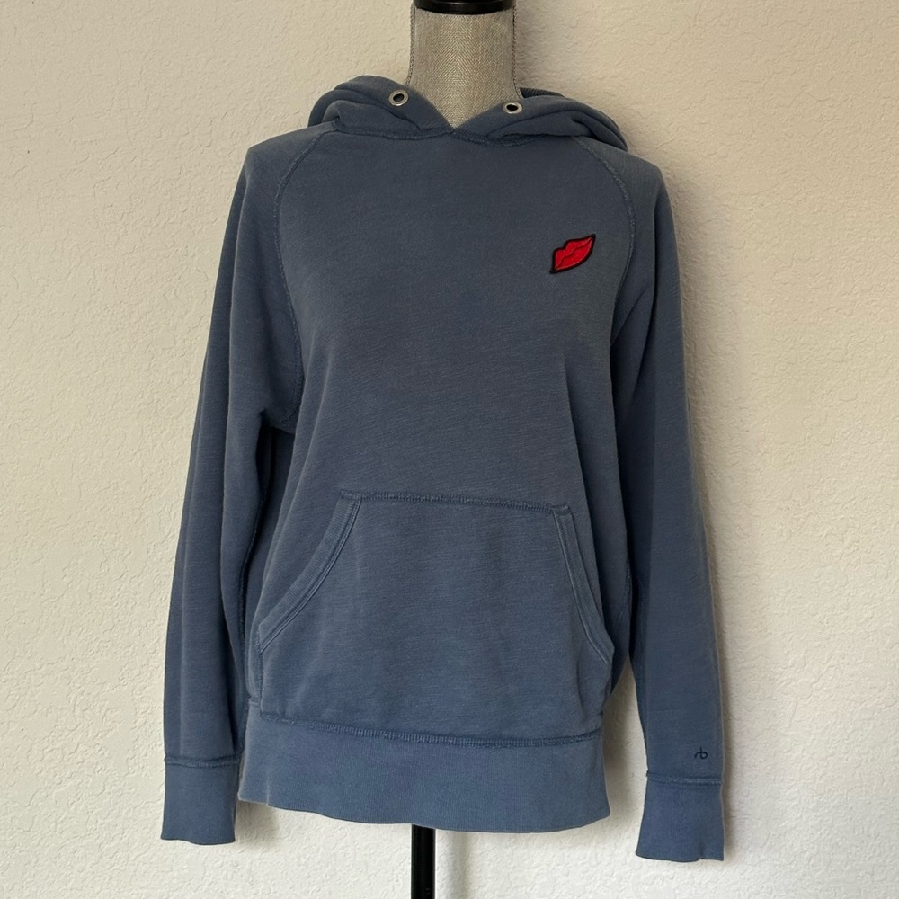 Rag & Bone blue-gray hoodie with red lips patch oversized fit women’s XS
